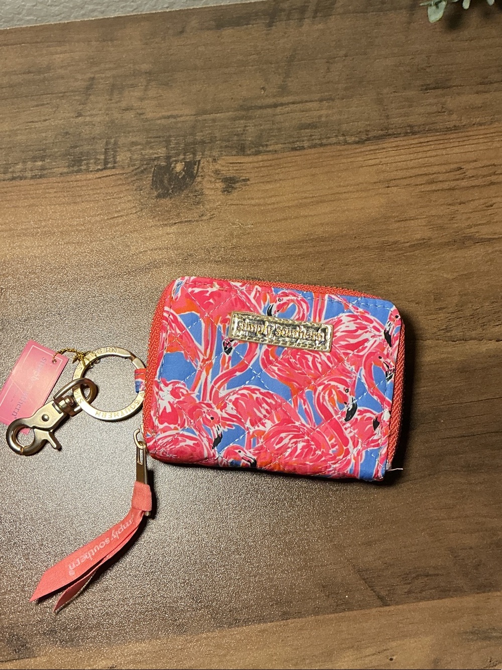Simply Southern Pink Flamingo Print Zip Card Wallet with Keyring